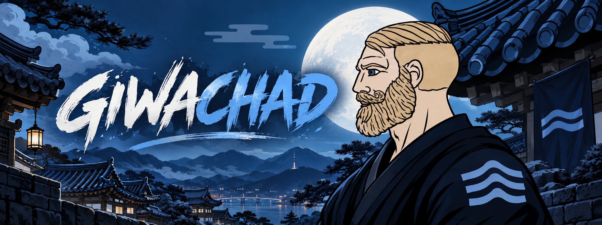 Giwachad lettered in brush strokes over a night view of Seoul. A bearded chad in a black robe stands in profile under a tiled hanok roof, a full moon behind him.